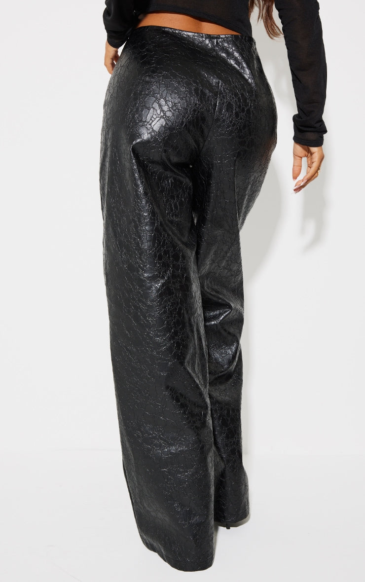 Next Day Delivery Before 10 PM Petite Black Faux Leather Cracked Effect Lace Up Wide Leg Trousers