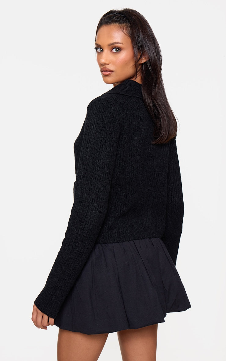 Black Soft Textured Knit Button Up Collar Detail Cardigan Next Day Delivery Before 10 pm