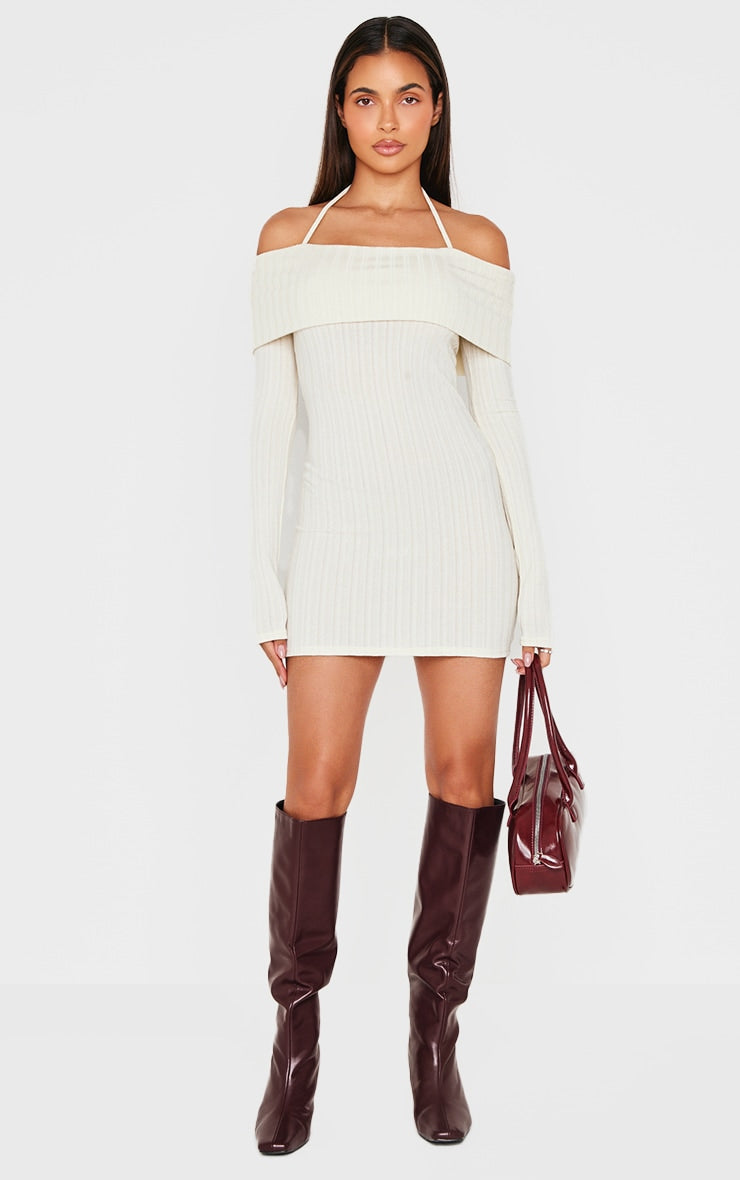 Cream Rib Bardot Fold Over Bodycon Dress