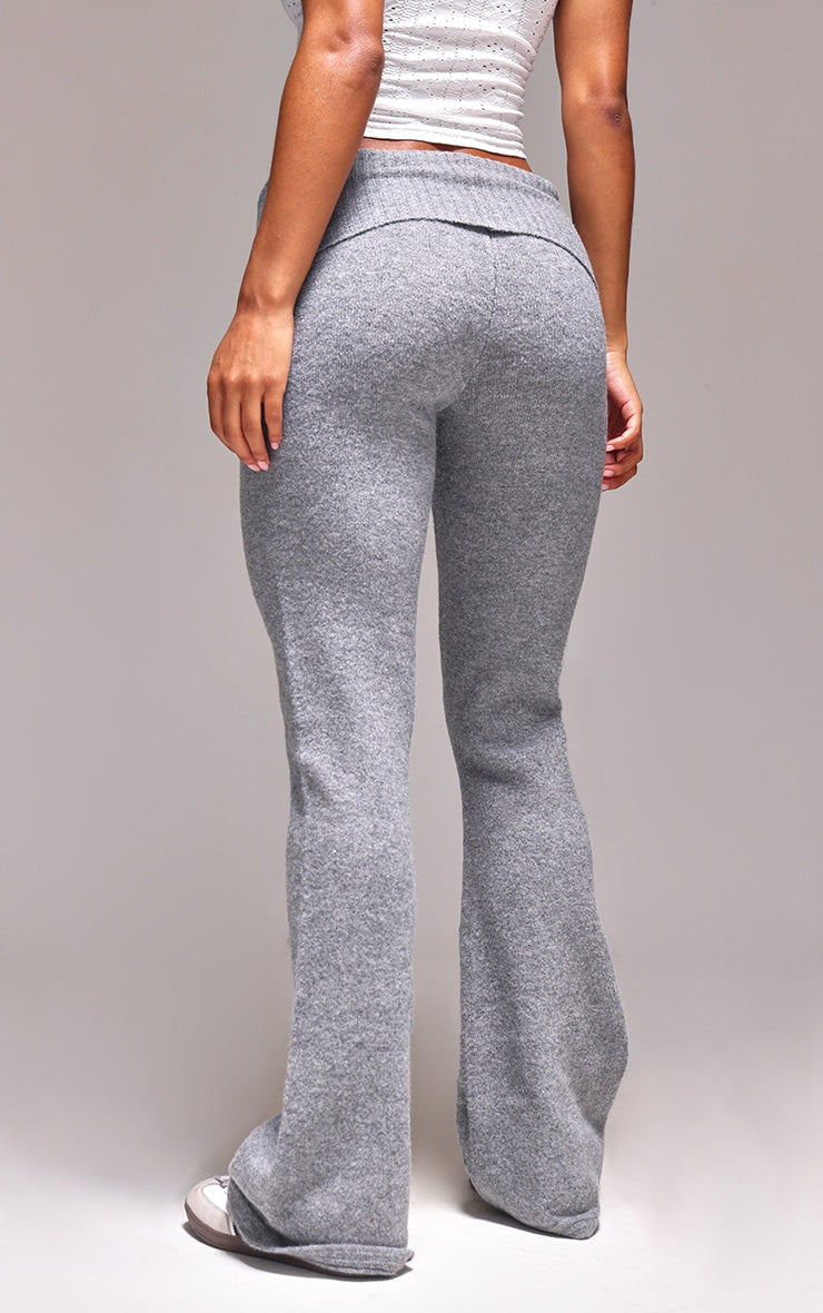 Ash Grey Melange Soft Knit Foldover Waist Flared Trousers Next Day Delivery
