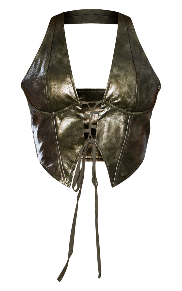 Olive Washed Faux Leather Lace Up Plunge Halterneck Top