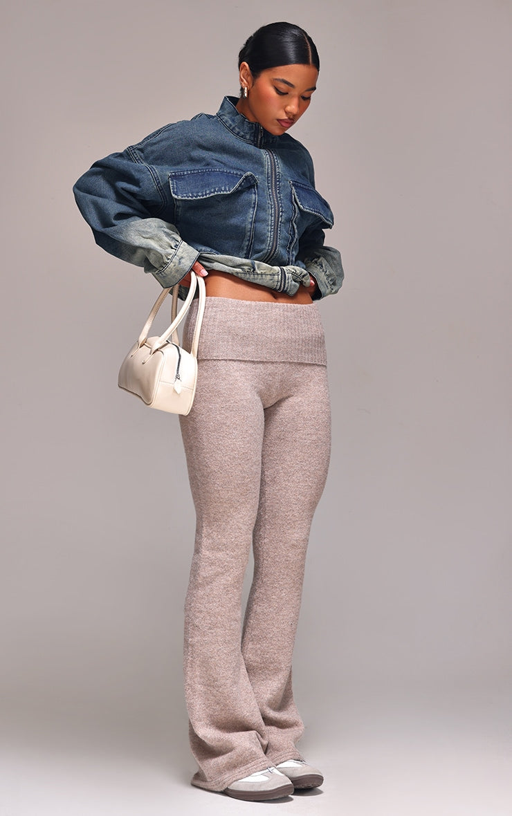 Ash Grey Melange Soft Knit Foldover Waist Flared Trousers Next Day Delivery