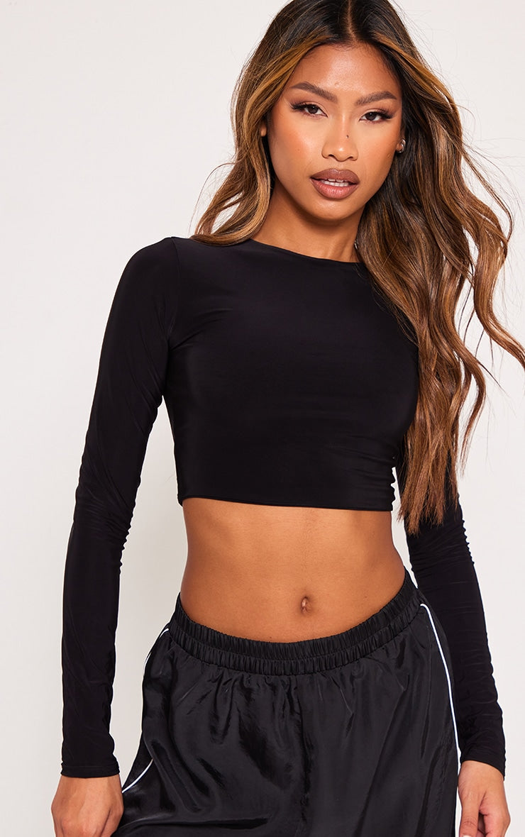 Black Basic Slinky Long Sleeve Crop Top Next Day Delivery Before 10 pm