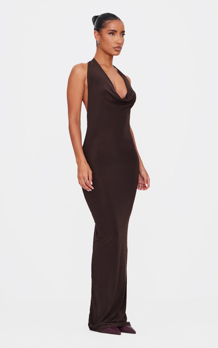 Chocolate Soft Touch Cowl Neck Twist Back Detail Maxi Dress Next Day Delivery
