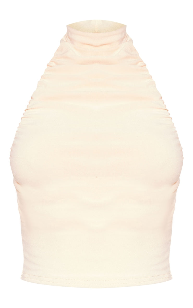 Khaki Soft Touch Ruched Halter Crop Top Next Day Delivery Before 10PM