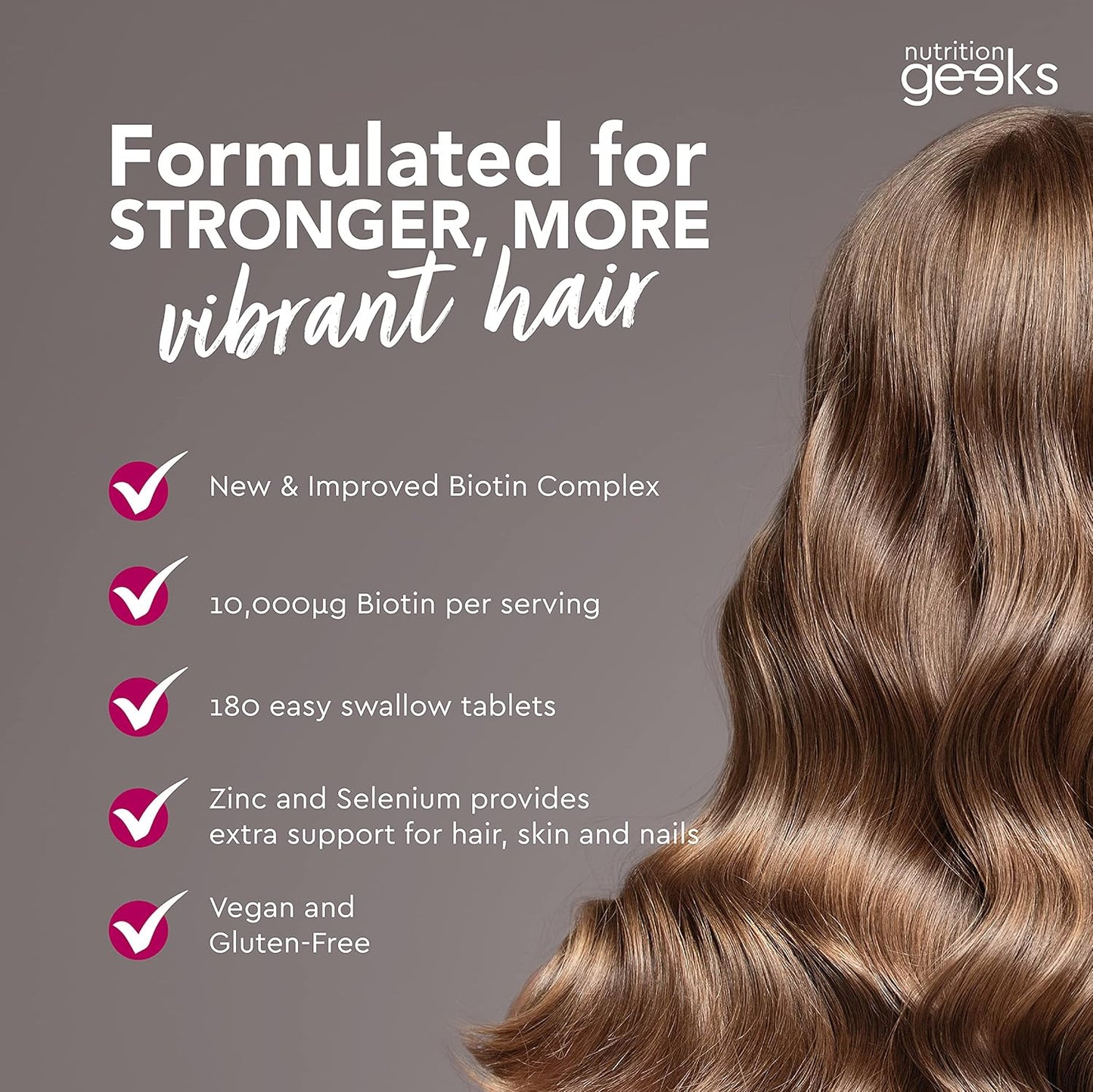 Next Day Delivery Nutrition Geeks Biotin Hair Growth Supplement - 180 Tablets Enhanced with Zinc & Selenium, Hair Vitamins Complex - Biotin 10000 mcg - Vegan, Hair Skin and Nails Vitamins for Women & Men UK