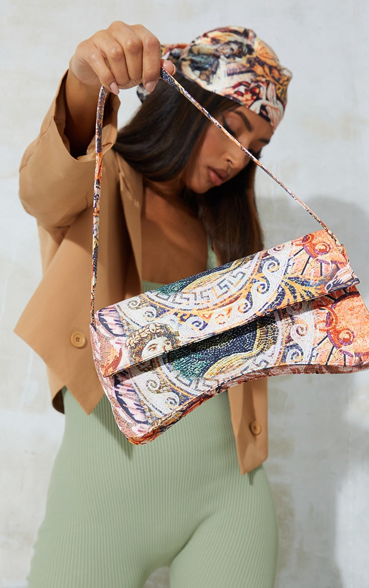 Gold PU Flap Over Baguette Shoulder Bag