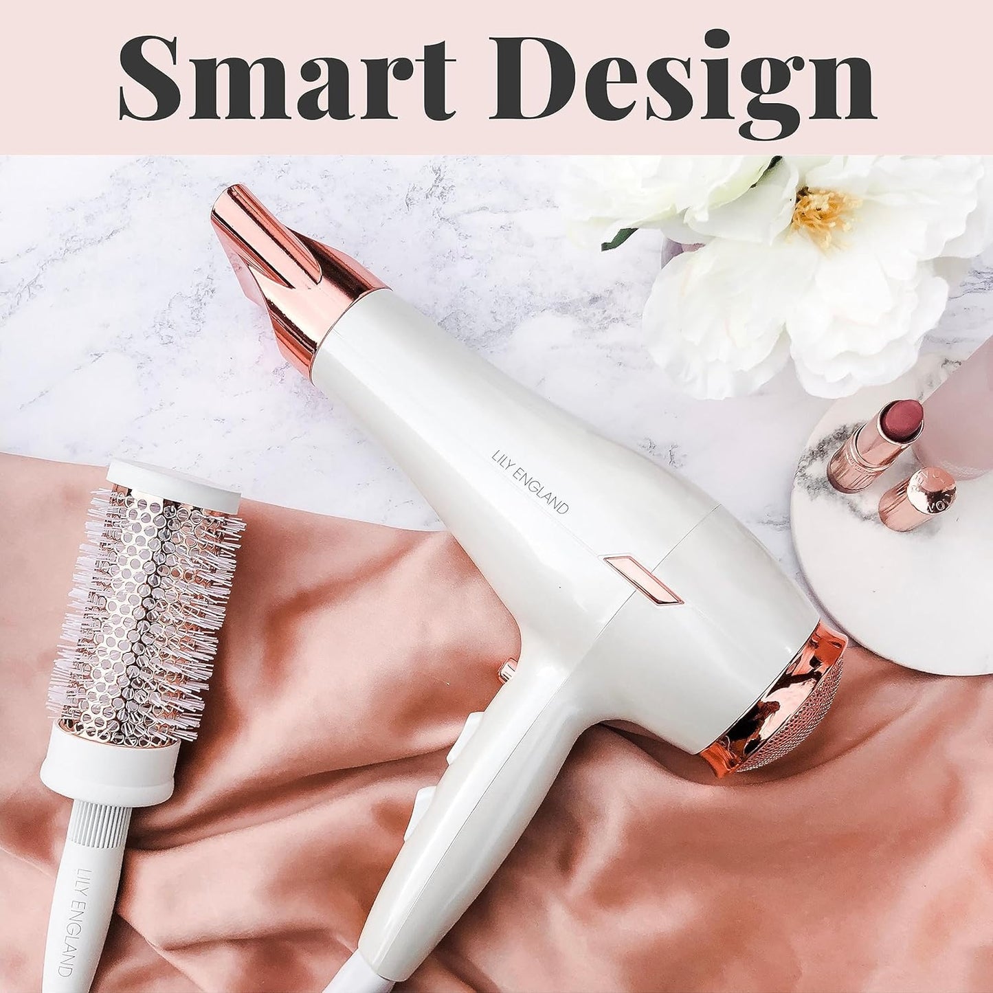 Next Day Delivery RRP £49.99 Lily England Lightweight Hair Dryer - Quiet Hairdryer with Cold Setting for Shine Boost, Hairdryers for Women Multiple Heat & Speed Settings, White & Rose Gold