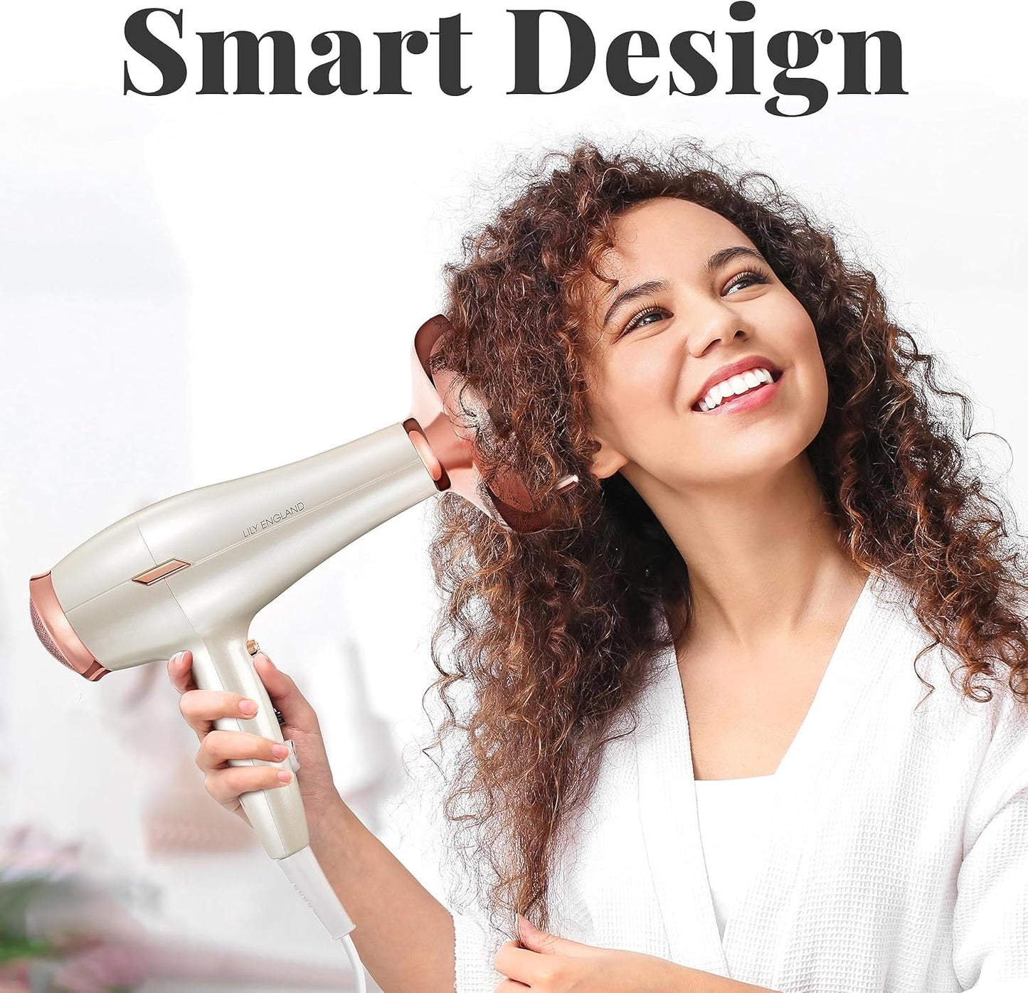 Next Day Delivery RRP £49.99 Lily England Lightweight Hair Dryer - Quiet Hairdryer with Cold Setting for Shine Boost, Hairdryers for Women Multiple Heat & Speed Settings, White & Rose Gold