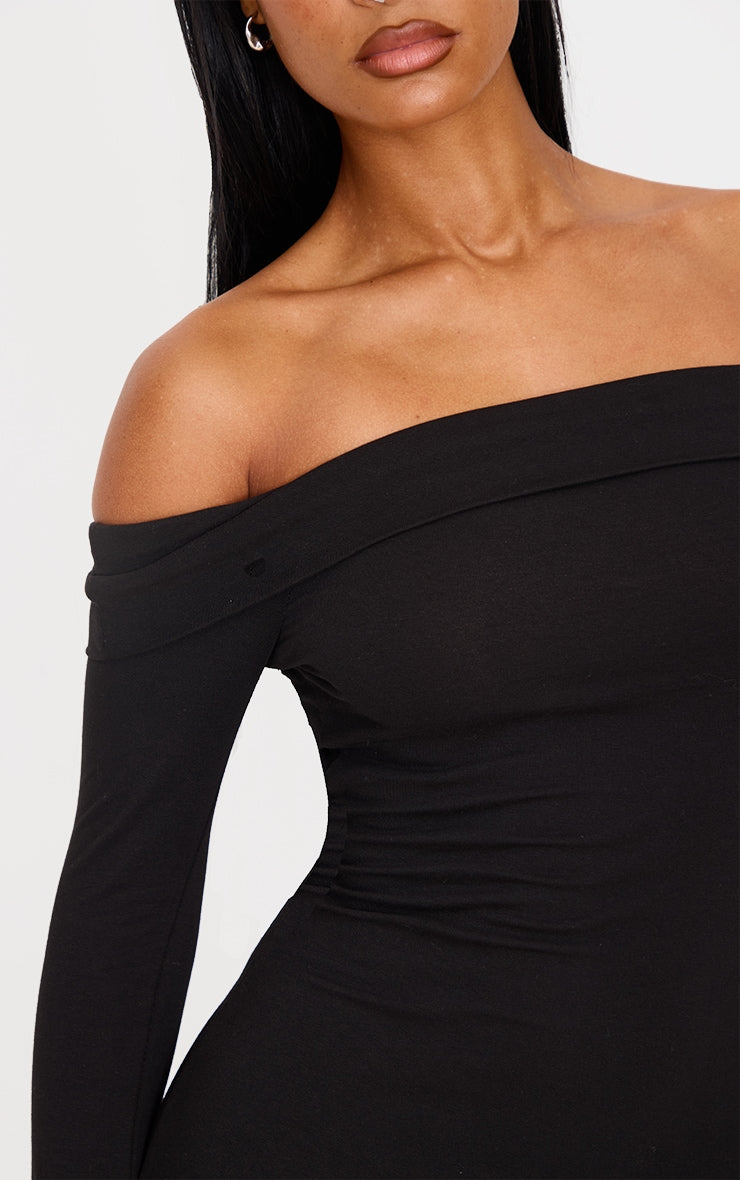 Black Cotton Bardot Fold Over Mini Dress Next Day Delivery Before 10PM
