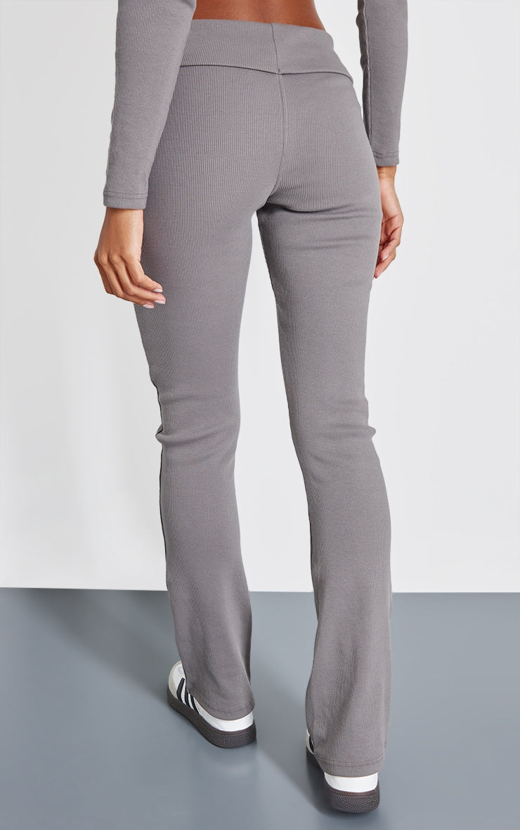 Charcoal Rib Fold Over Waist Flared Trousers Next Day Delivery