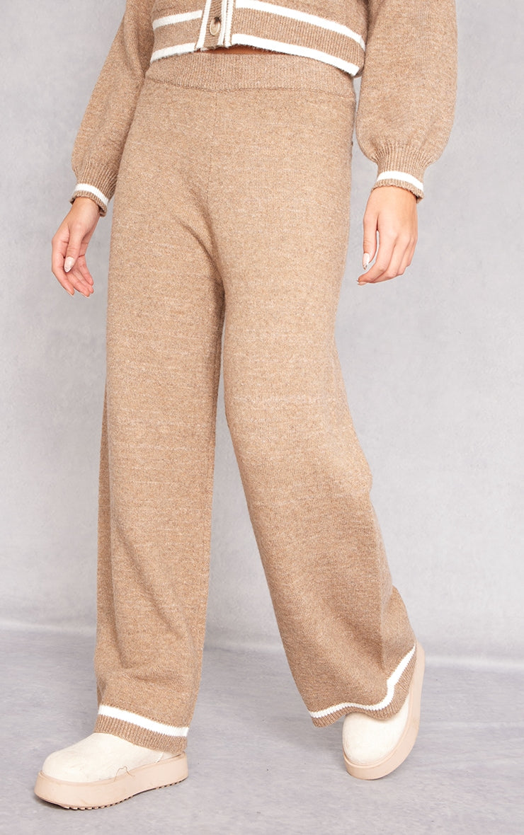 Taupe Soft Knit Contrast Stripe Detail Wide Leg Trousers Next Day Delivery Before 10 pm