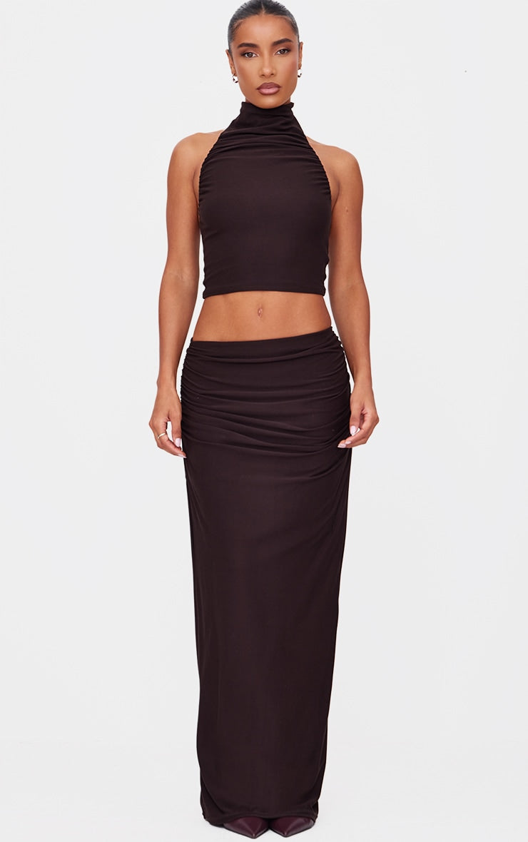 Khaki Soft Touch Ruched Halter Crop Top Next Day Delivery Before 10PM