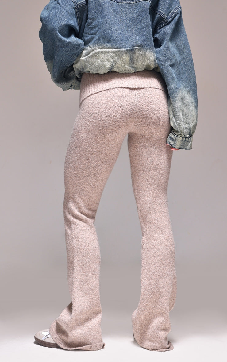 Ash Grey Melange Soft Knit Foldover Waist Flared Trousers Next Day Delivery