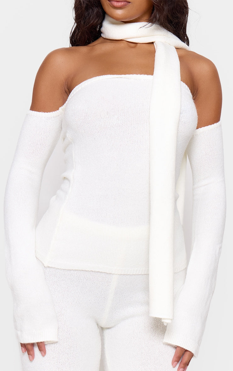 Cream Soft Knit Cold Shoulder Top And Scarf Detail Next Day Delivery Before 10 pm