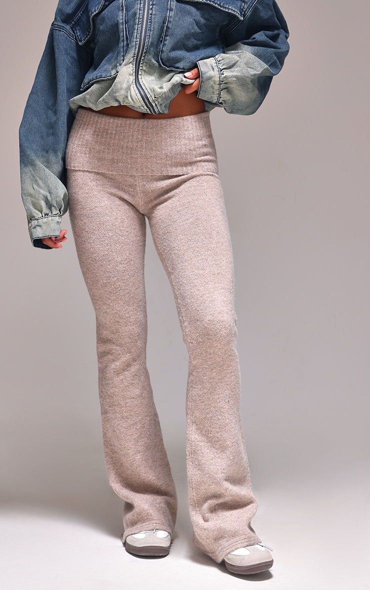 Ash Grey Melange Soft Knit Foldover Waist Flared Trousers Next Day Delivery