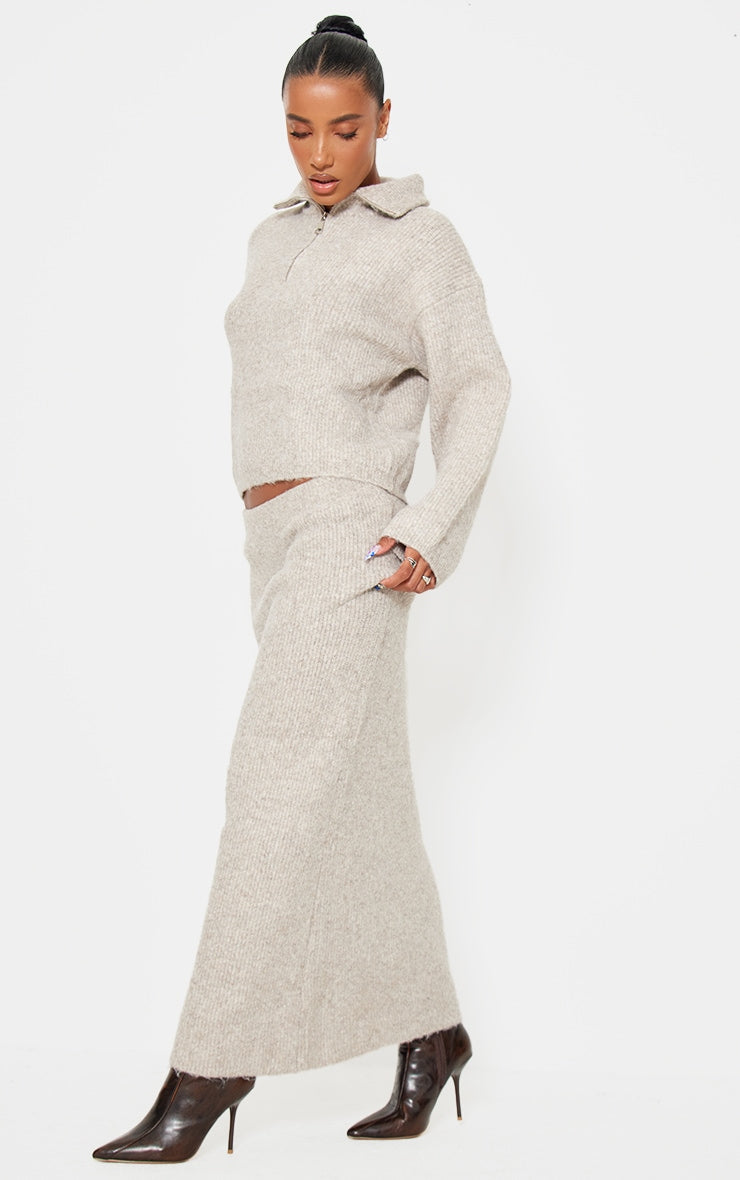Taupe Knitted Zip Up Jumper And Maxi Skirt Set Next Day Before 10PM
