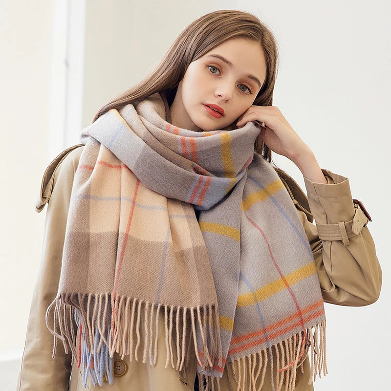 Winter 100% Wool Scarf for Women Neck Warmer Cashmere Shawls and Wraps Echarpe Pashmina Ladies Plaid Wool Scarves Foulard Femme