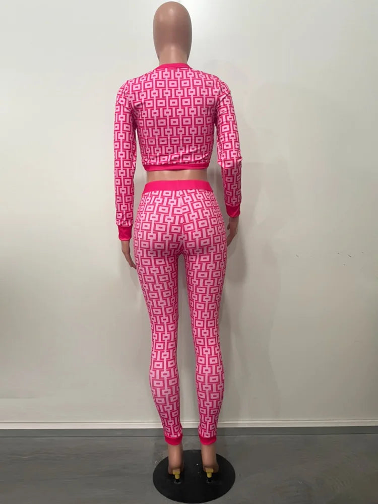 Neeleywall Fashion Geometric Print Zipper Up Crop Top And Matching Legging Suits Set Womens Clothing 2 Piece Set Active Wear