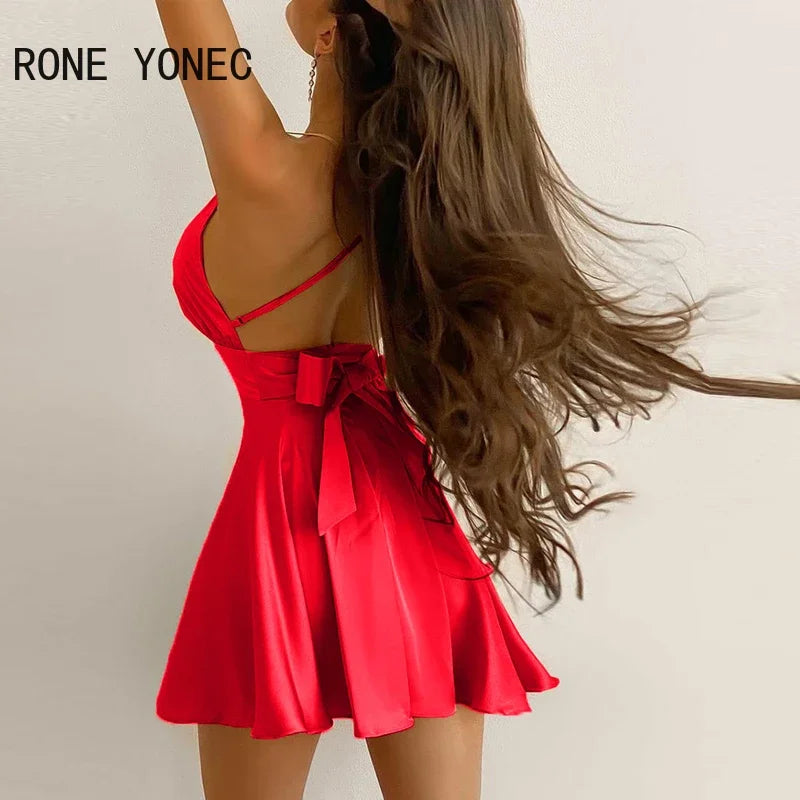 Women Solid Spaghetti Strap Deep V neck Wrap A Line Mini Bodycon Sexy Party Red Dress