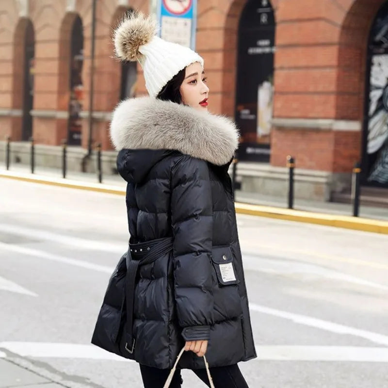 2023 New Women Down Cotton Coat Winter Jacket Female Mid Length Version Parkas Thick Warm Outwear Fur Collar Hooded Overcoat