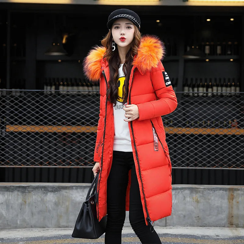 2022 Women's Down Parkas Winter Jacket Big Fur Collar Thick Slim Coat Fashion Hooded Cotton Outerwear Long Autumn Woman Jacket