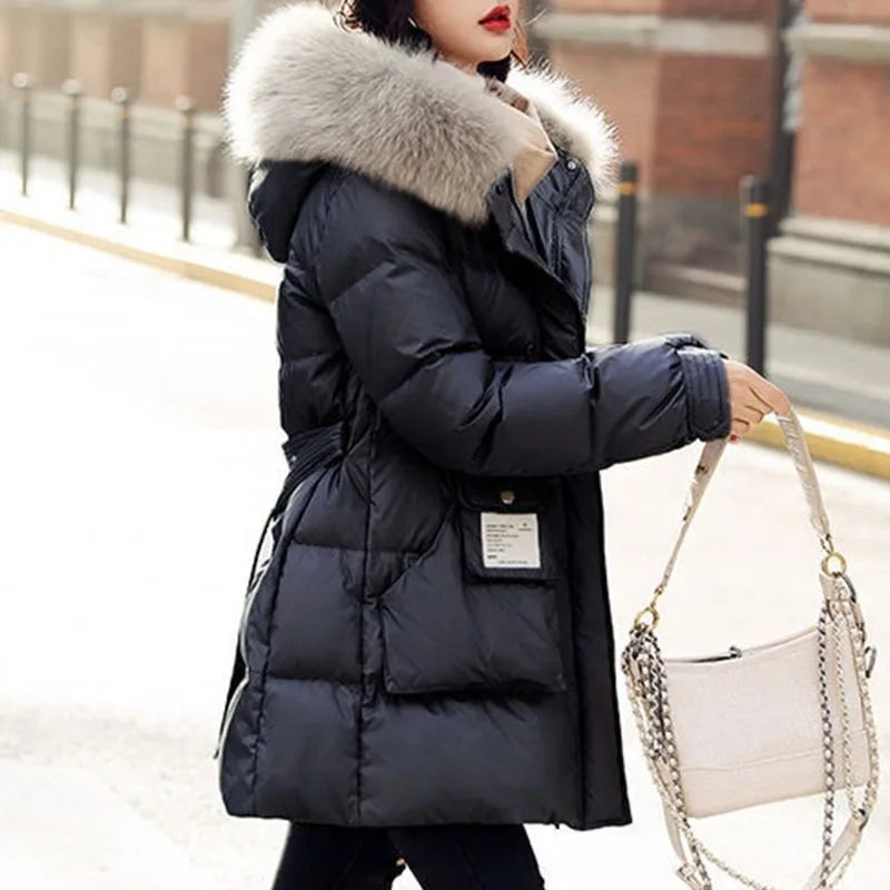 2023 New Women Down Cotton Coat Winter Jacket Female Mid Length Version Parkas Thick Warm Outwear Fur Collar Hooded Overcoat