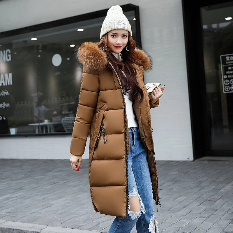 2022 Women's Down Parkas Winter Jacket Big Fur Collar Thick Slim Coat Fashion Hooded Cotton Outerwear Long Autumn Woman Jacket