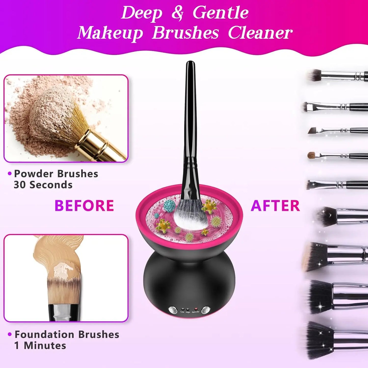 ATAWOL Makeup Brush Cleaner Machine, Two Gears Speed and Dehydration Function,Travel Portable Automatic