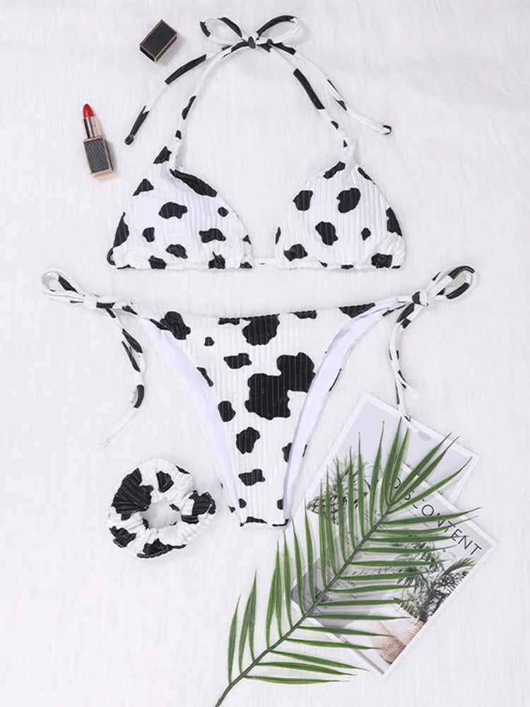 Bikini New Cow Pattern Lace up Split Swimsuit Women's European and American Lace up Open Back Sexy Bikini