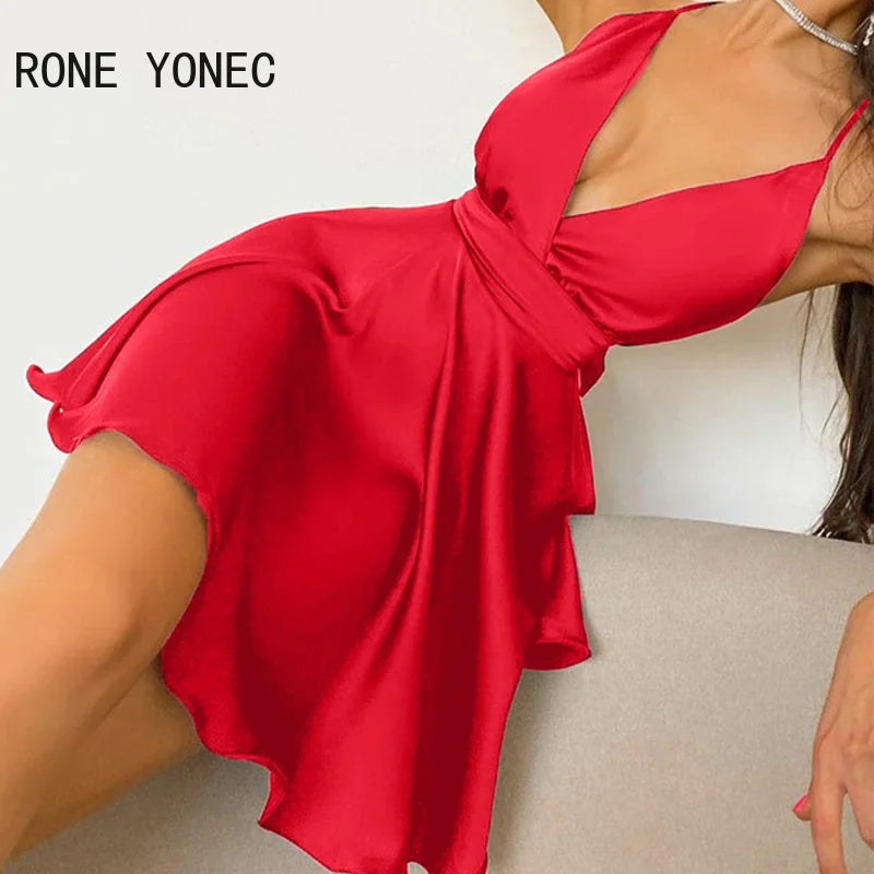 Women Solid Spaghetti Strap Deep V neck Wrap A Line Mini Bodycon Sexy Party Red Dress