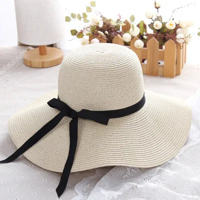 2022 New Simple Foldable Wide Brim Floppy Girls Straw Hat Sun Hat Beach Women Summer Hat UV Protect Travel Cap Lady Cap Female