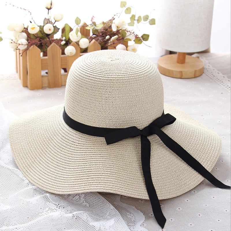 2022 New Simple Foldable Wide Brim Floppy Girls Straw Hat Sun Hat Beach Women Summer Hat UV Protect Travel Cap Lady Cap Female
