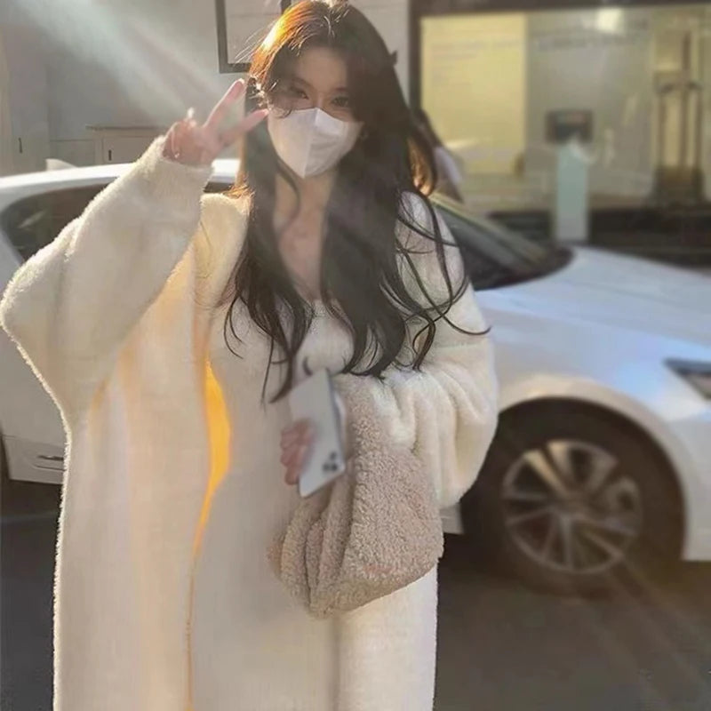 Korean Fashion Women Knitted Cardigan 2024 Autumn/Winter Thickened Fleece Solid Color Knitted Coat Women Soft And Somfortable