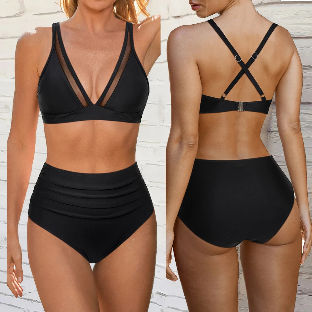 Sexy Solid Bikini Women 2024 High Waist Swimwear Female V neck Swimsuit Striped Bathing Suit Beachwear Summer Bikini Set Femme