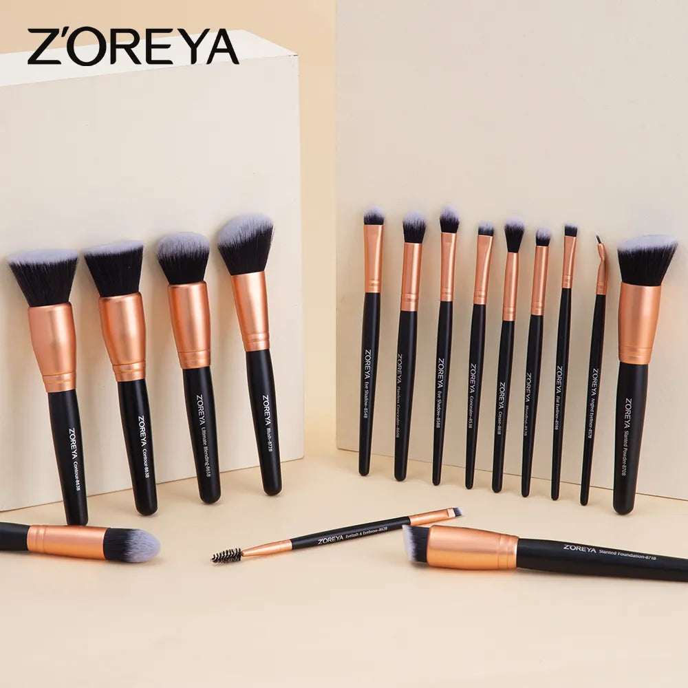 ZOREYA Professional Luxury Makeup Brushes Set, 15Pcs Eyeshadow Foundation Contour Lip Premium Synthetic Kabuki Brush