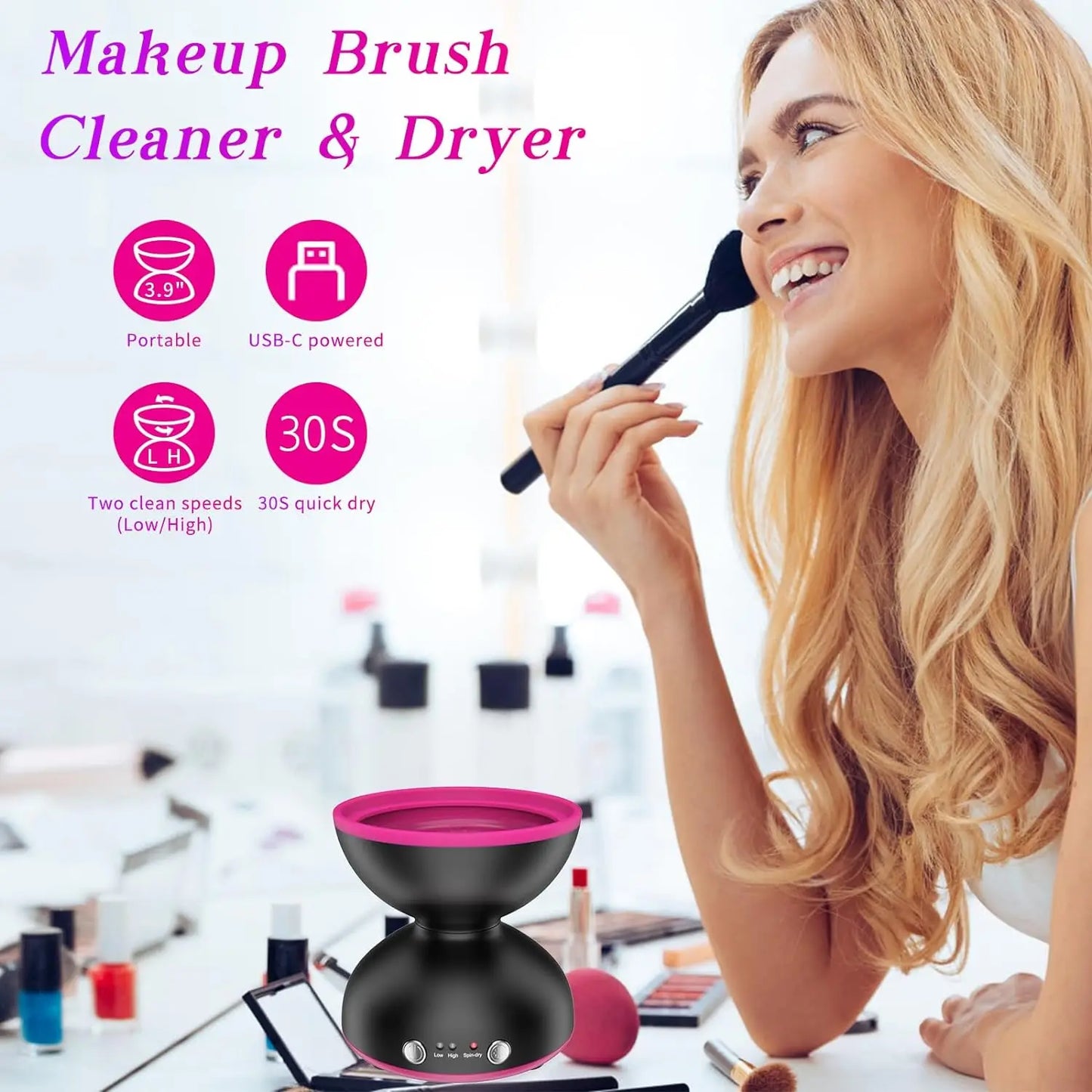 ATAWOL Makeup Brush Cleaner Machine, Two Gears Speed and Dehydration Function,Travel Portable Automatic