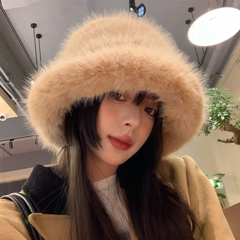 2023 y2k Fluffy Faux Fur Bucket Hat Women Rabbit Fur Warm Thick Plush Winter Hat Lady Luxury Fashion Furry Panama Fisherman Cap