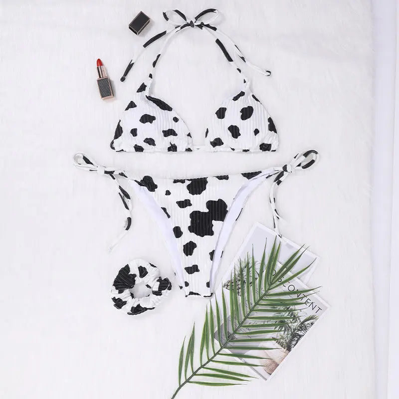 Bikini New Cow Pattern Lace up Split Swimsuit Women's European and American Lace up Open Back Sexy Bikini