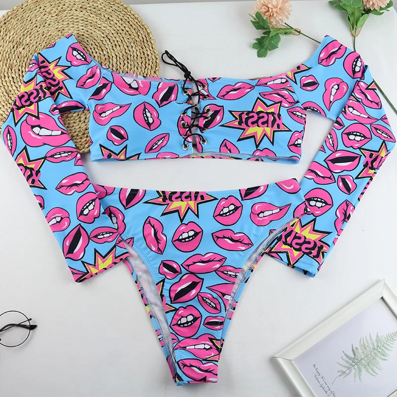 CPUTAN 2024 Sexy Lace Up Bikini Set High Waist Two Piece African Print Biquini Swimsuit Brazilian BathingSuit Beachwear Swimwear