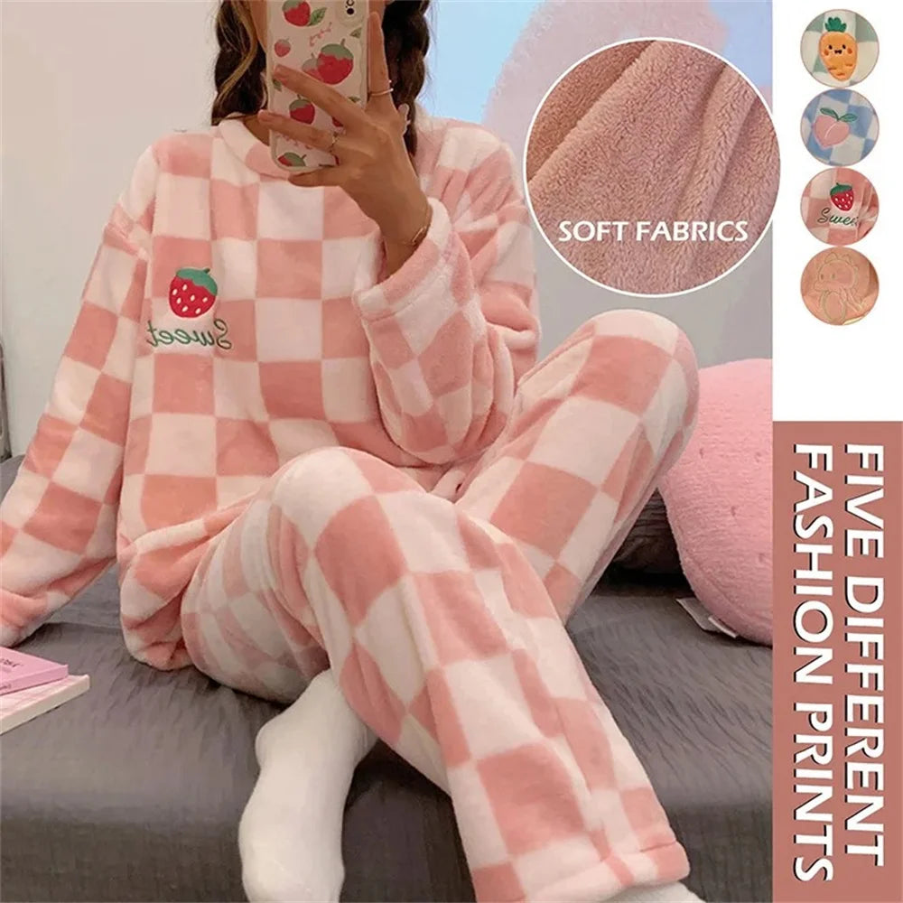 Autumn Winter Kawaii Cartoon Pajama Sets Women Pyjamas Plaid Flannel Loung Sleepwear Girl Pijama Night Suits Homewear Pj Suit