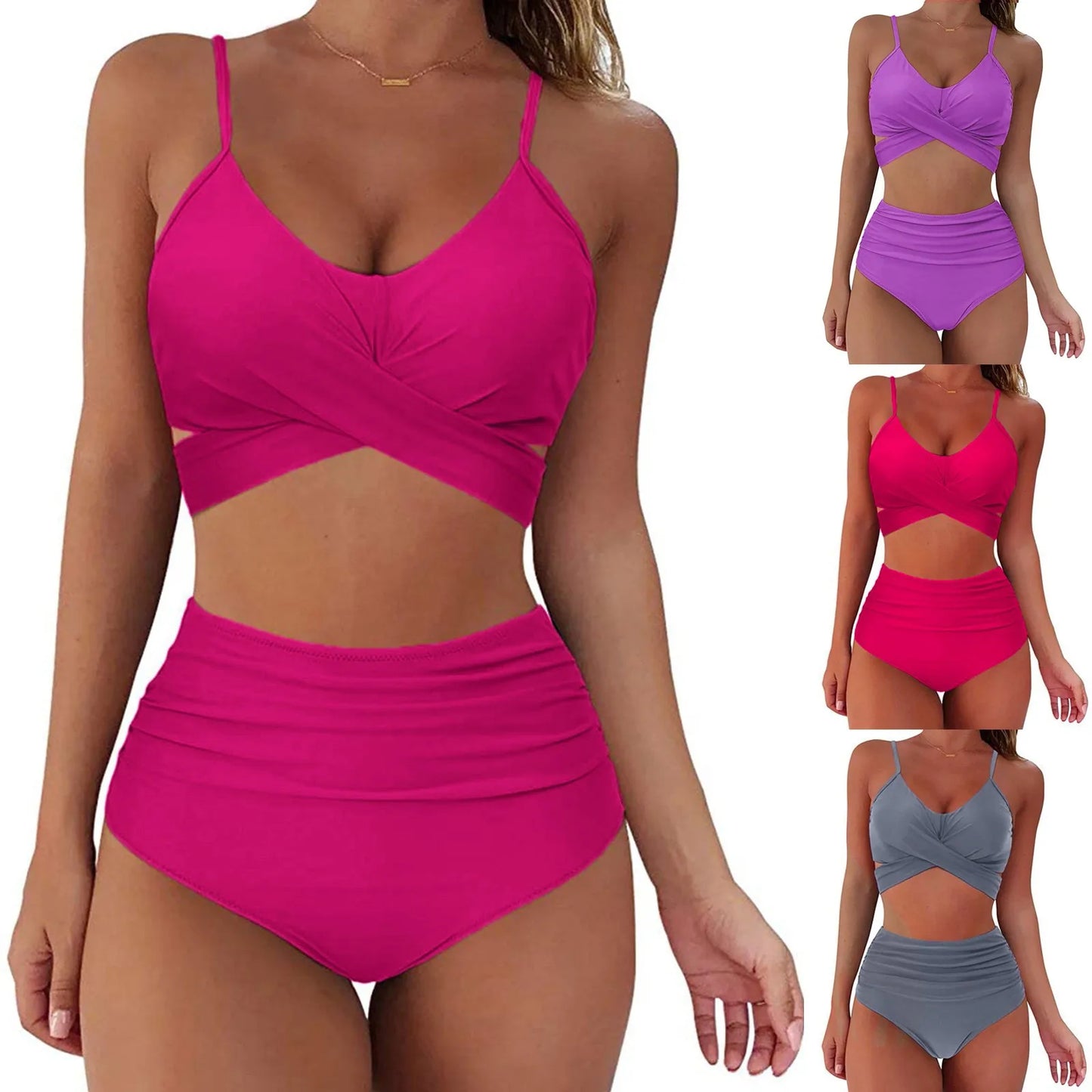 New Fashion Women Sexy Soild Print Bikini Set Push Up Bathing Swimwear Beach High Waist Swimsuit Swimming Suit Beachwear Biquini