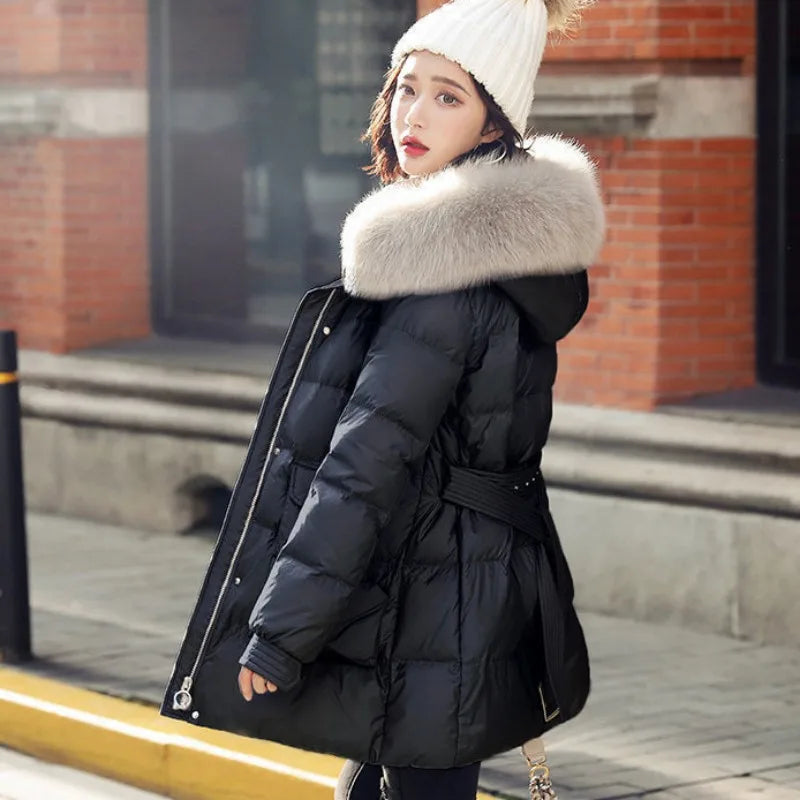 2023 New Women Down Cotton Coat Winter Jacket Female Mid Length Version Parkas Thick Warm Outwear Fur Collar Hooded Overcoat