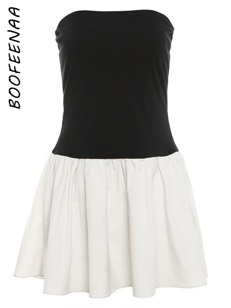 BOOFEENAA Black and White Patchwork Strapless Short Dresses for Womens Clothing 2024 Sexy Summer Dress Resort Wear C83-BB19