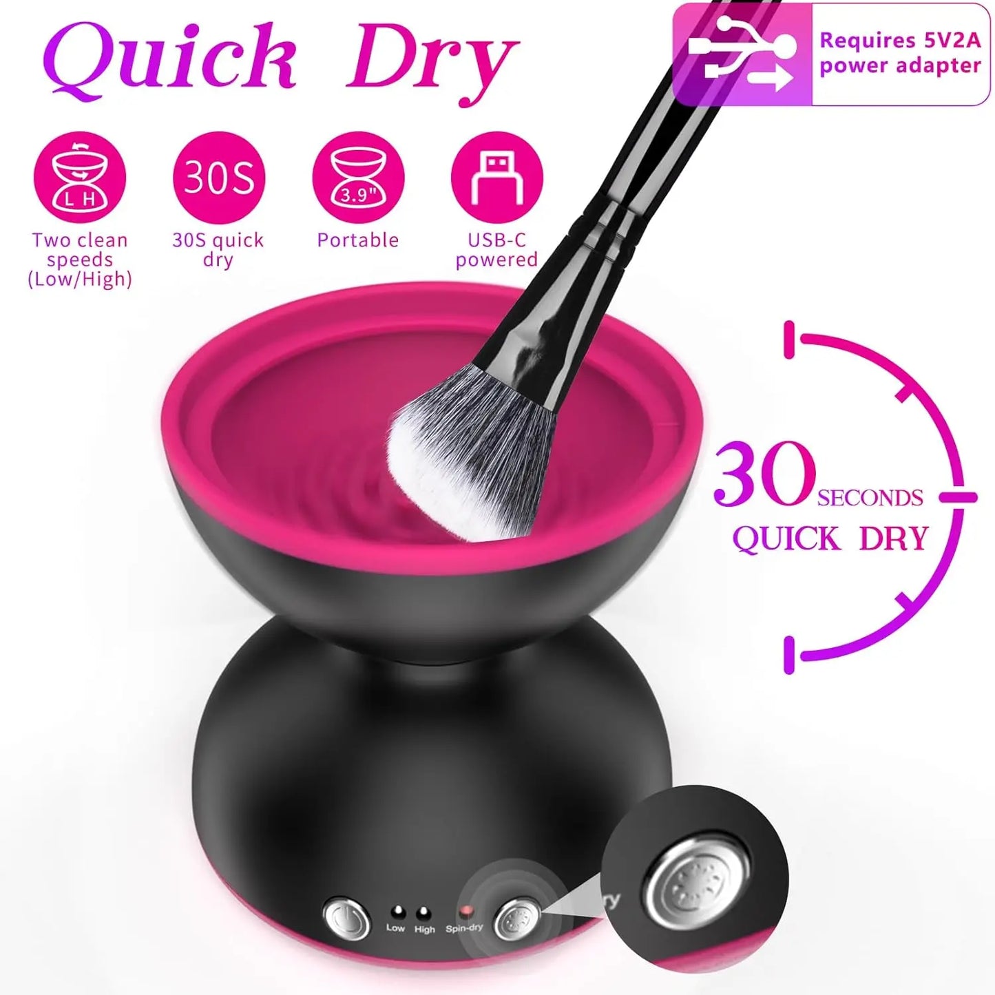 ATAWOL Makeup Brush Cleaner Machine, Two Gears Speed and Dehydration Function,Travel Portable Automatic
