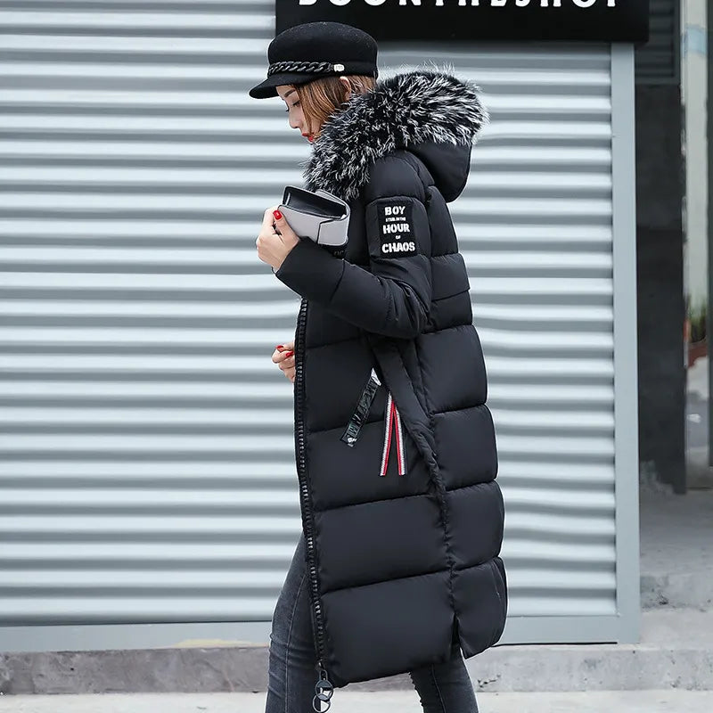 2022 Women's Down Parkas Winter Jacket Big Fur Collar Thick Slim Coat Fashion Hooded Cotton Outerwear Long Autumn Woman Jacket
