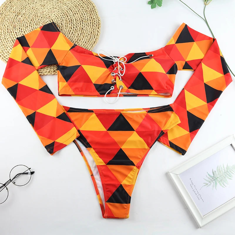 CPUTAN 2024 Sexy Lace Up Bikini Set High Waist Two Piece African Print Biquini Swimsuit Brazilian BathingSuit Beachwear Swimwear