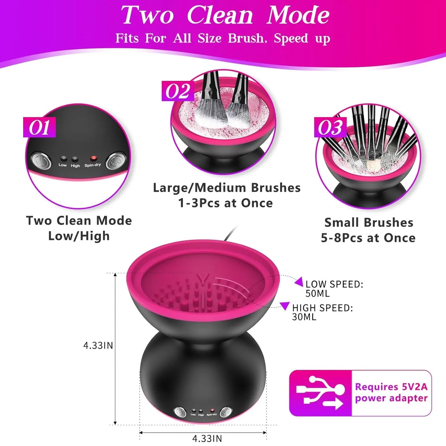 ATAWOL Makeup Brush Cleaner Machine, Two Gears Speed and Dehydration Function,Travel Portable Automatic