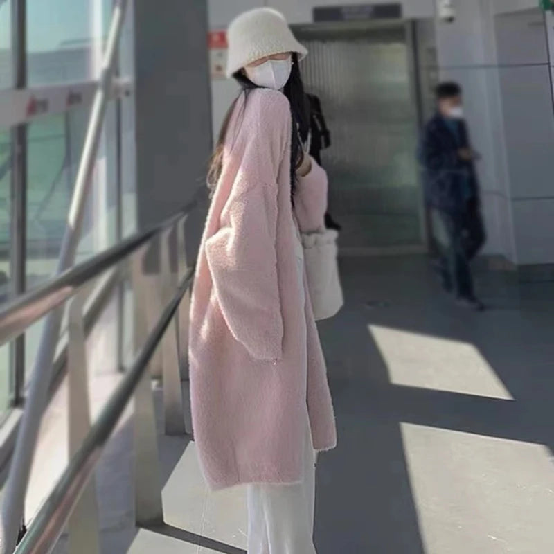 Korean Fashion Women Knitted Cardigan 2024 Autumn/Winter Thickened Fleece Solid Color Knitted Coat Women Soft And Somfortable