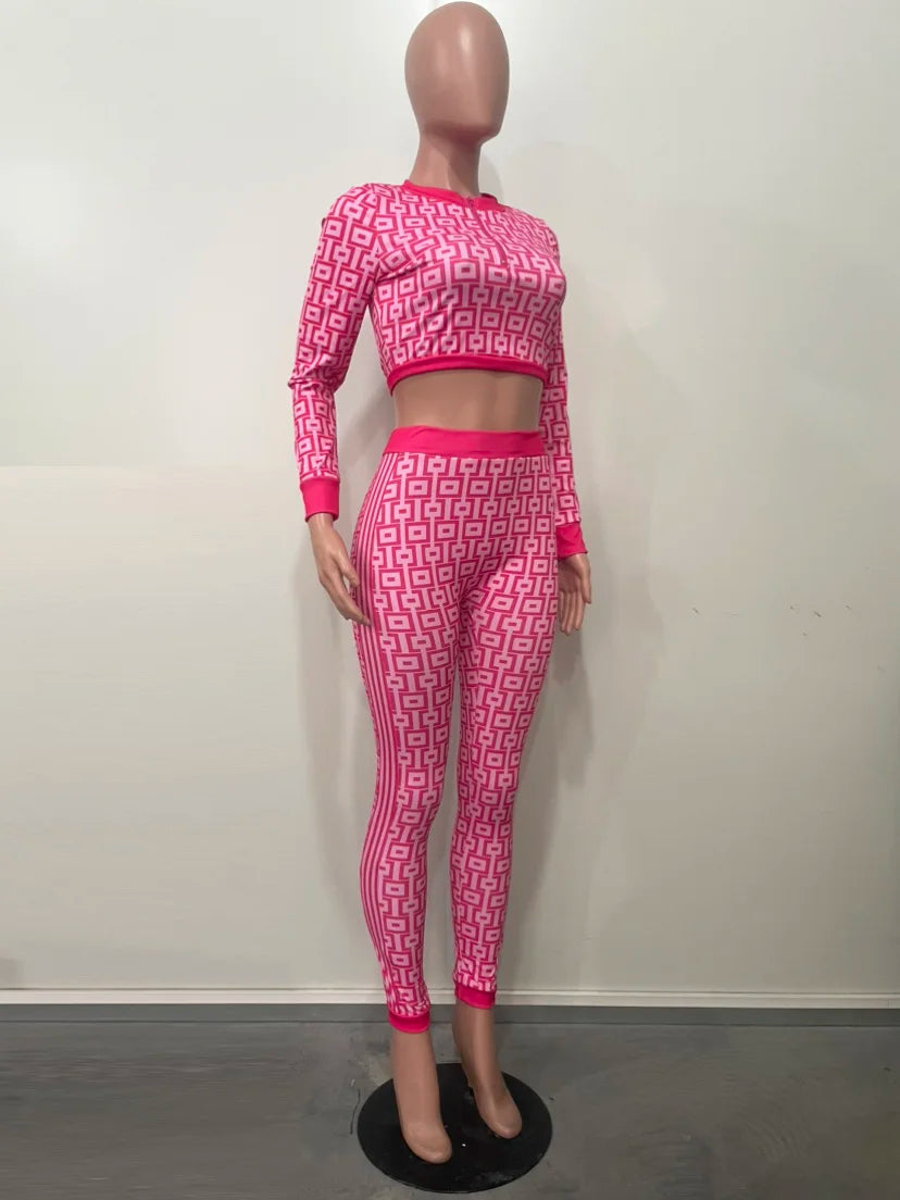 Neeleywall Fashion Geometric Print Zipper Up Crop Top And Matching Legging Suits Set Womens Clothing 2 Piece Set Active Wear